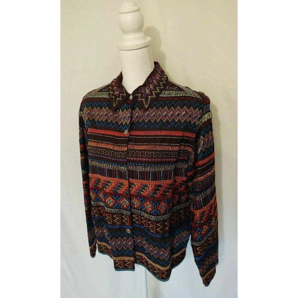 90's Chico's Bohemian Bright Embroidery Ethnic Retro Shirt Jacket Boho Hippie - Picture 7 of 8